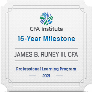 CFA Institute 15-Year Milestone Certificate for James B. Runey III
