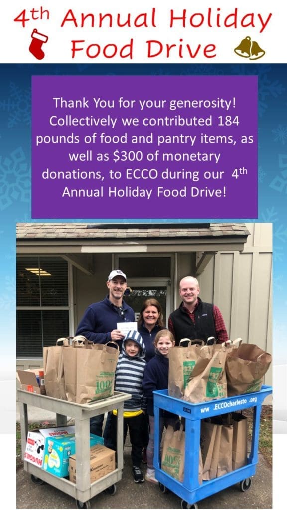 Jamie Runey, Linda Runey, Tyler Peterson, Gabriella Runey and James Runey at ECCO dropping off donations. 