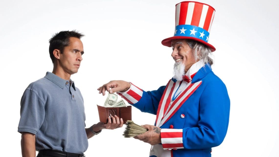 Uncle Sam collecting taxes from unhappy man.