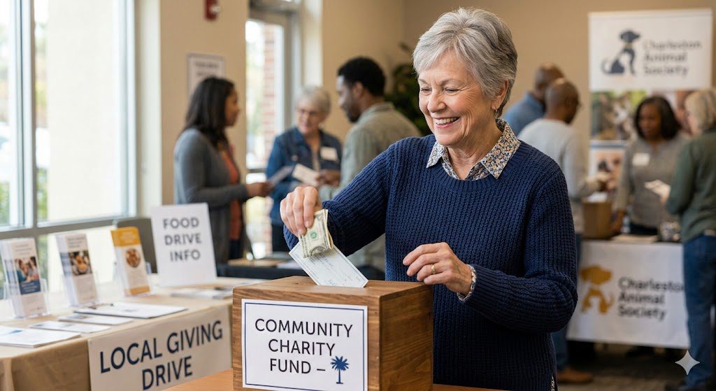 Lady putting donation in box. 
