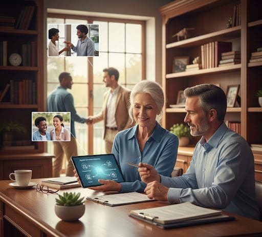 Image of happy people engaged in charitable giving.