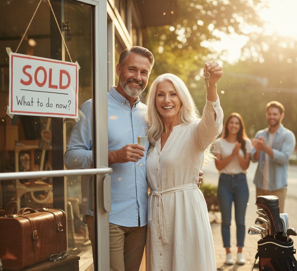 Happy Small Business Owner Couple just sold their business wondering what to do now.