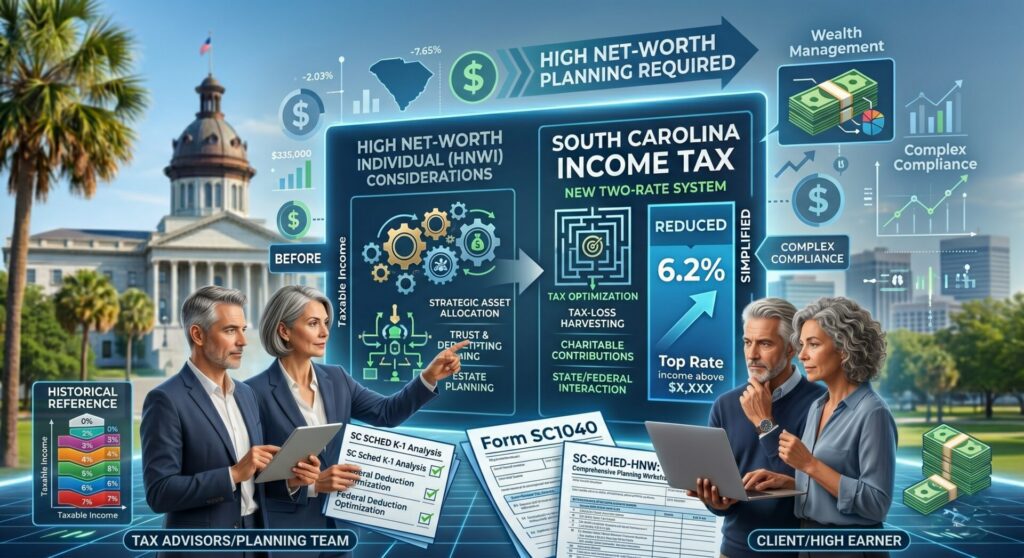 Wealth Management Team and Client Analyzing Changed South Carolina Income Tax Two Rate System.